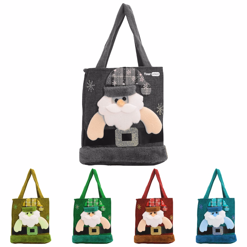 Jute Christmas Tote Bag With Cute Holiday Character Design