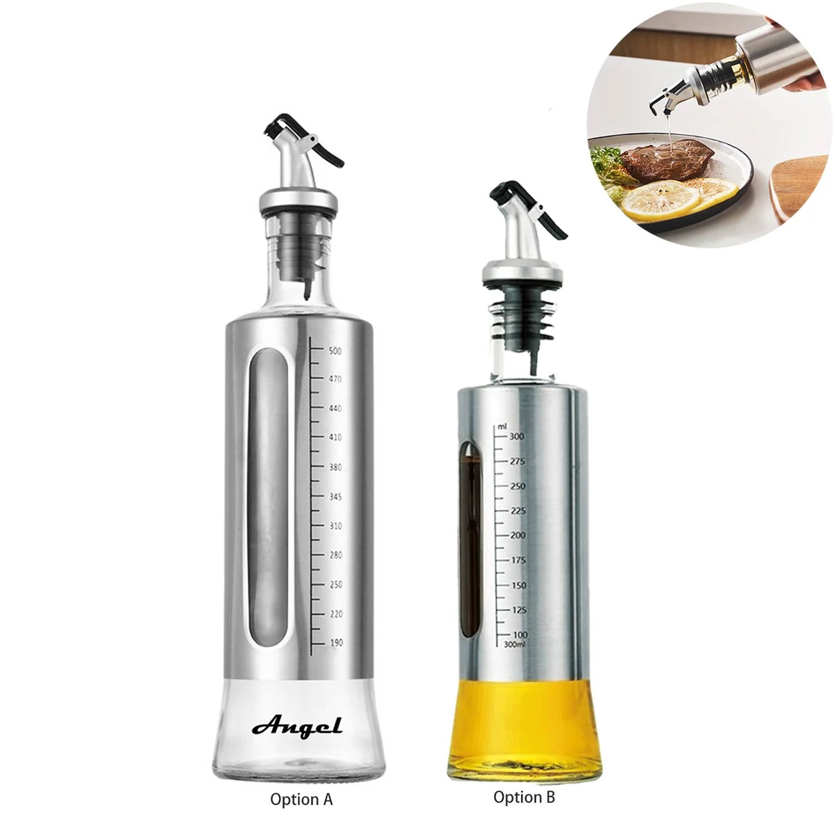 10/17oz Stainless Steel Glass Oil Dispenser w/ Scale 1