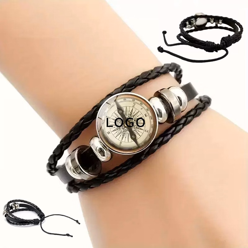 Adjustable Braided Leather Bracelet with Custom Round Tag