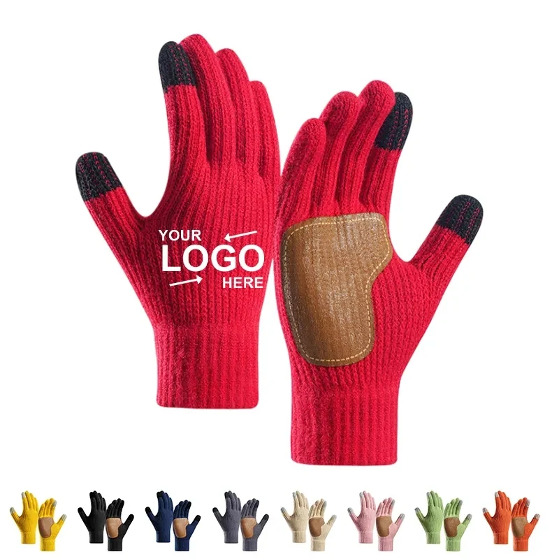 Warm Touch-Screen Knitted Gloves With Leather Patch 1