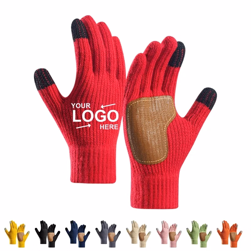 Warm Touch-Screen Knitted Gloves With Leather Patch