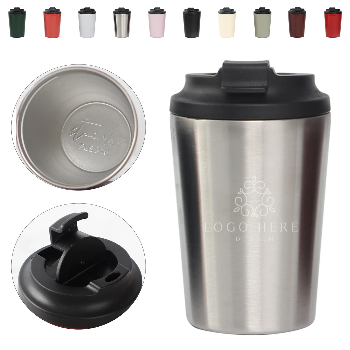 12oz Flip Lid Stainless Steel Insulated Travel Coffee Mug 1