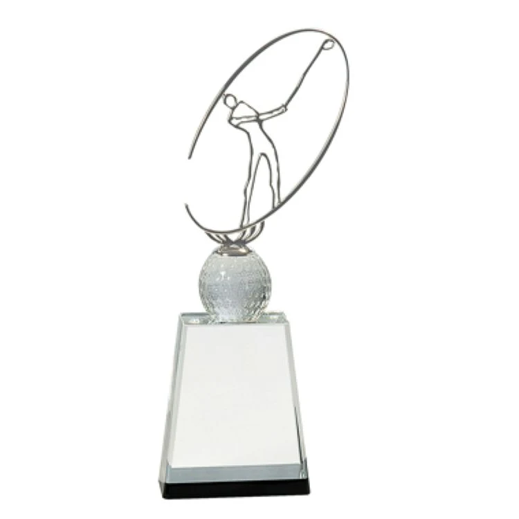 12 Inch Clear/Black Crystal Golf Award with Silver Metal Oval Figure 1