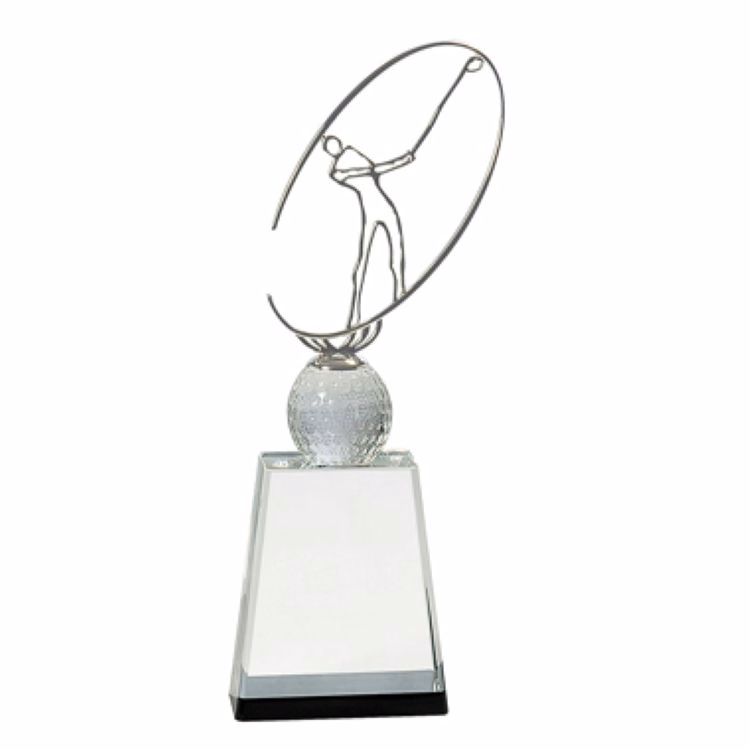 10 Inch Clear/Black Crystal Golf Award with Silver Metal Oval Figure