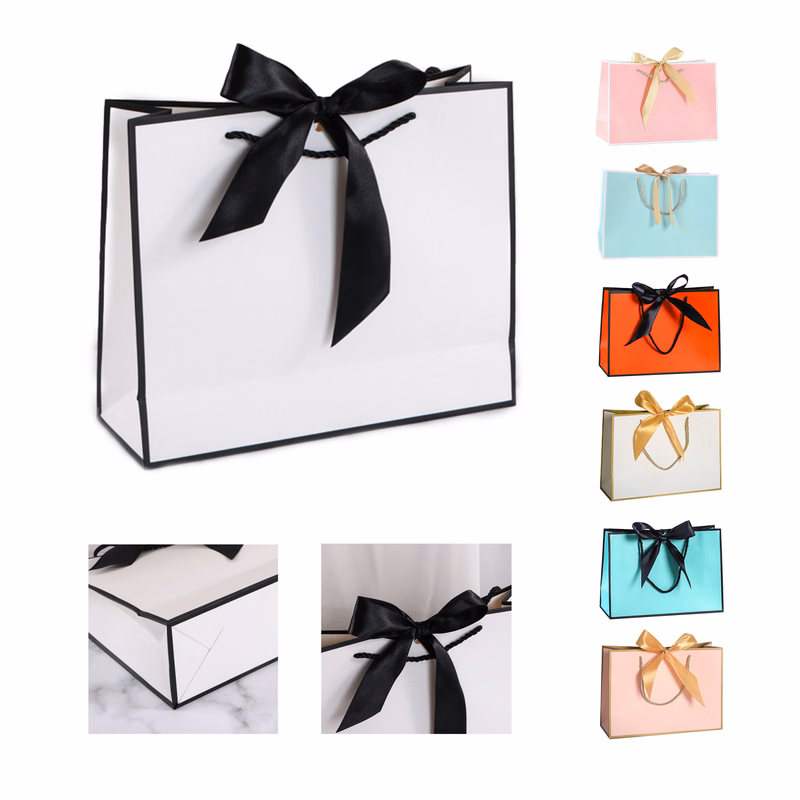 Thank You Gift Bag With Colored Border And Bow Ribbon