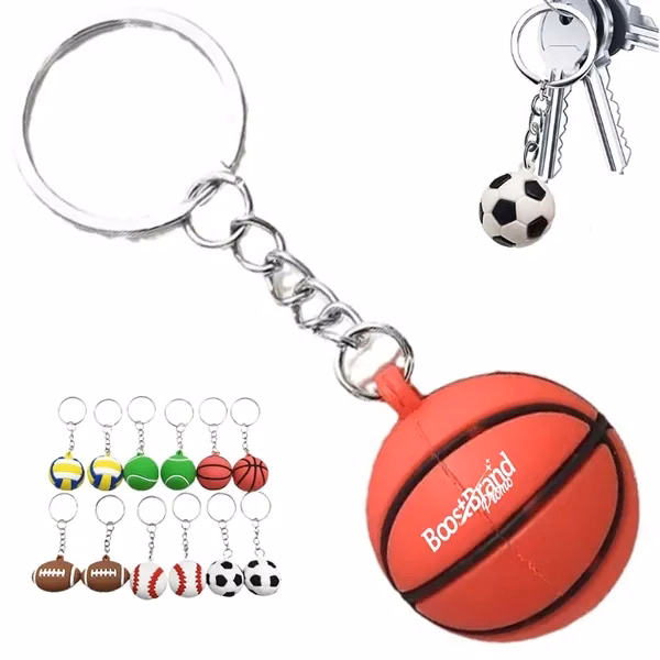 Custom Assorted Sports Ball Keychains — Soccer, Basketball, Football, Tennis