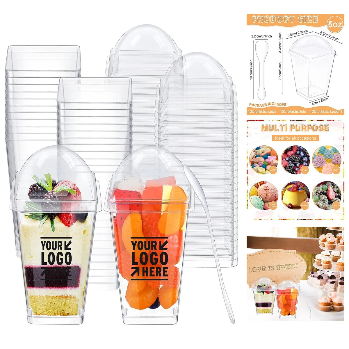 5 OZ Clear Plastic Mini Disposable Square Dessert Cup With Lid Tasting Spoon 1