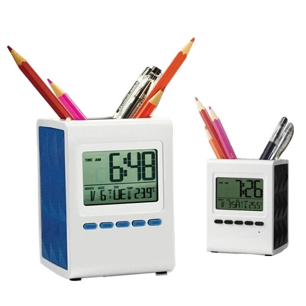 Pen Holder Cup Desk Organizer with Clock 1