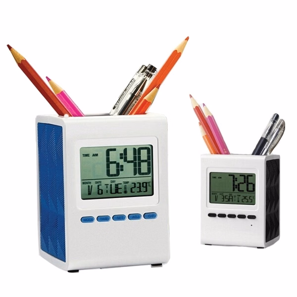 Pen Holder Cup Desk Organizer with Clock