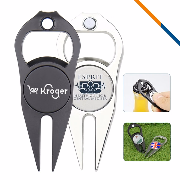 Custom Zinc Alloy Golf Divot Tool with Bottle Opener & Magnet — Multi-Use Tool