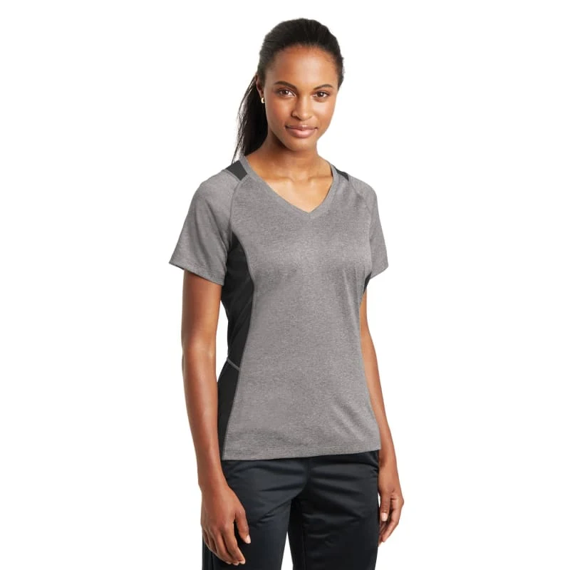 Sport-Tek Women's Heather Colorblock Contender V-Neck Tee. 1