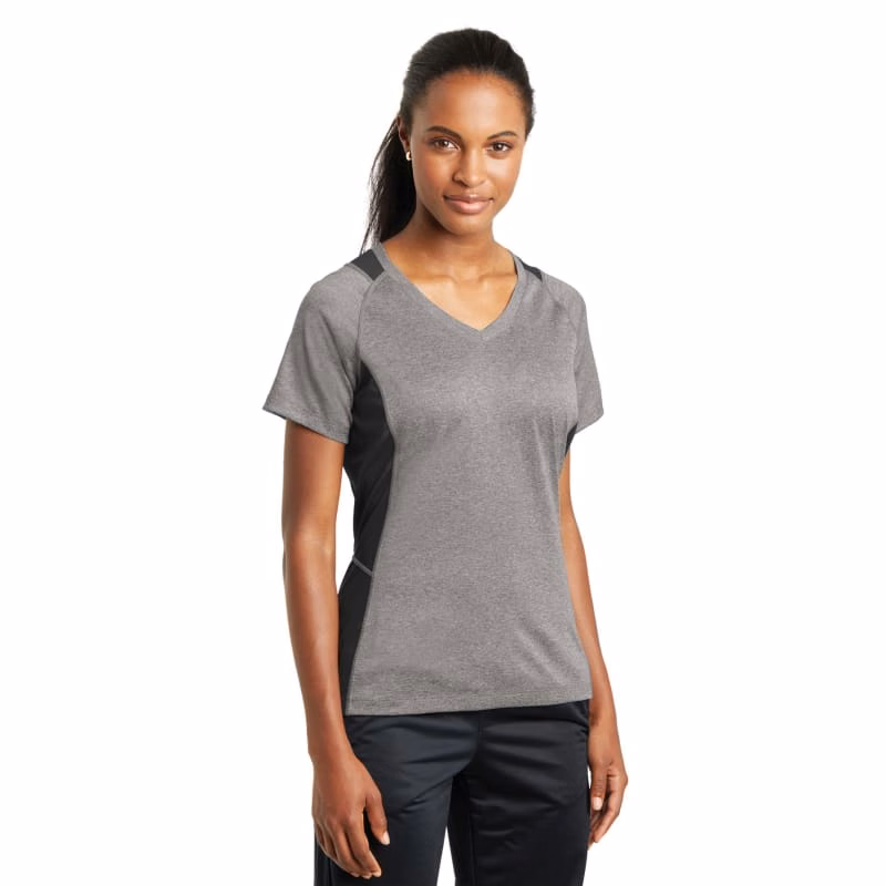 Sport-Tek Women's Heather Colorblock Contender V-Neck Tee.