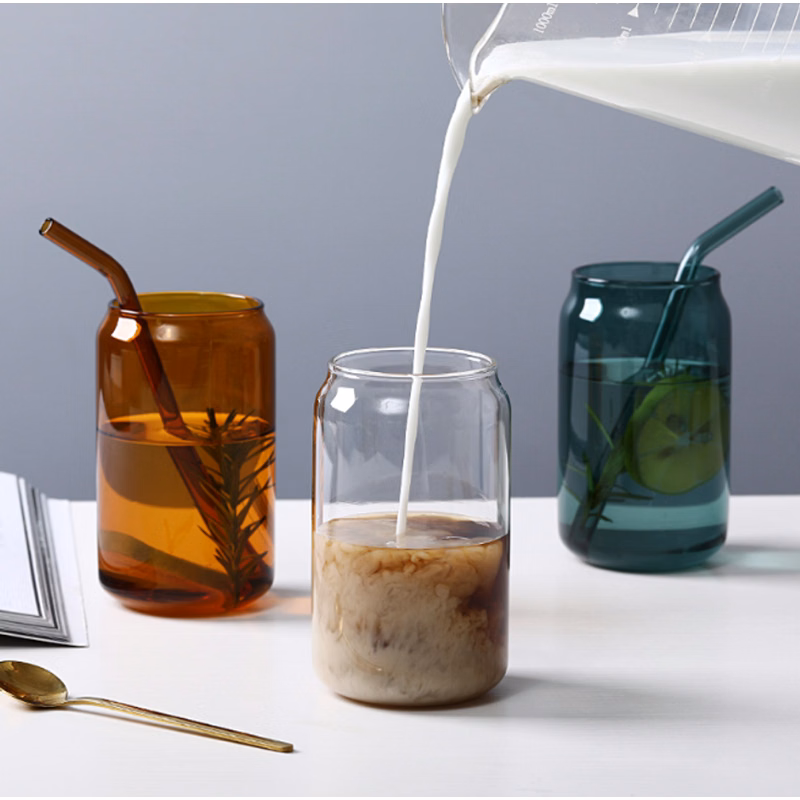 Colored Glass Can with Glass Straw