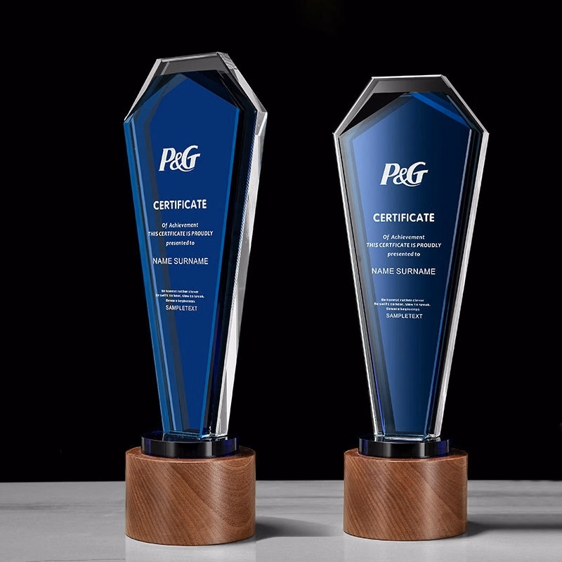 Plaque Design Blue Crystal Trophy with Wooden Base