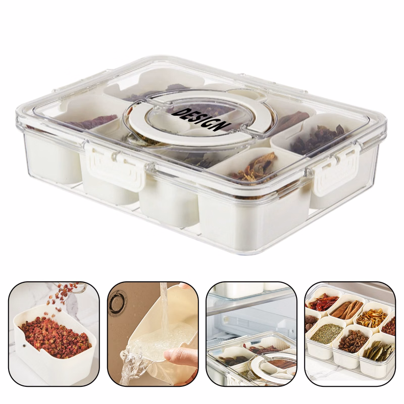 8-Compartment Spice Storage Box with Clear Lid