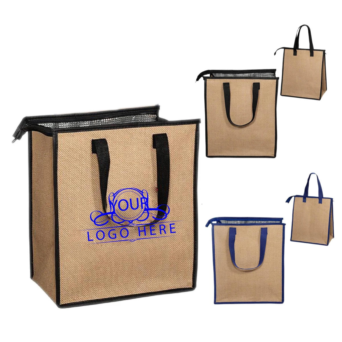 Zipper Jute Tote Bag w/Cooler 1