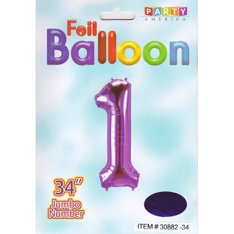 Mylar Number 1 Balloons - Purple 34" 1