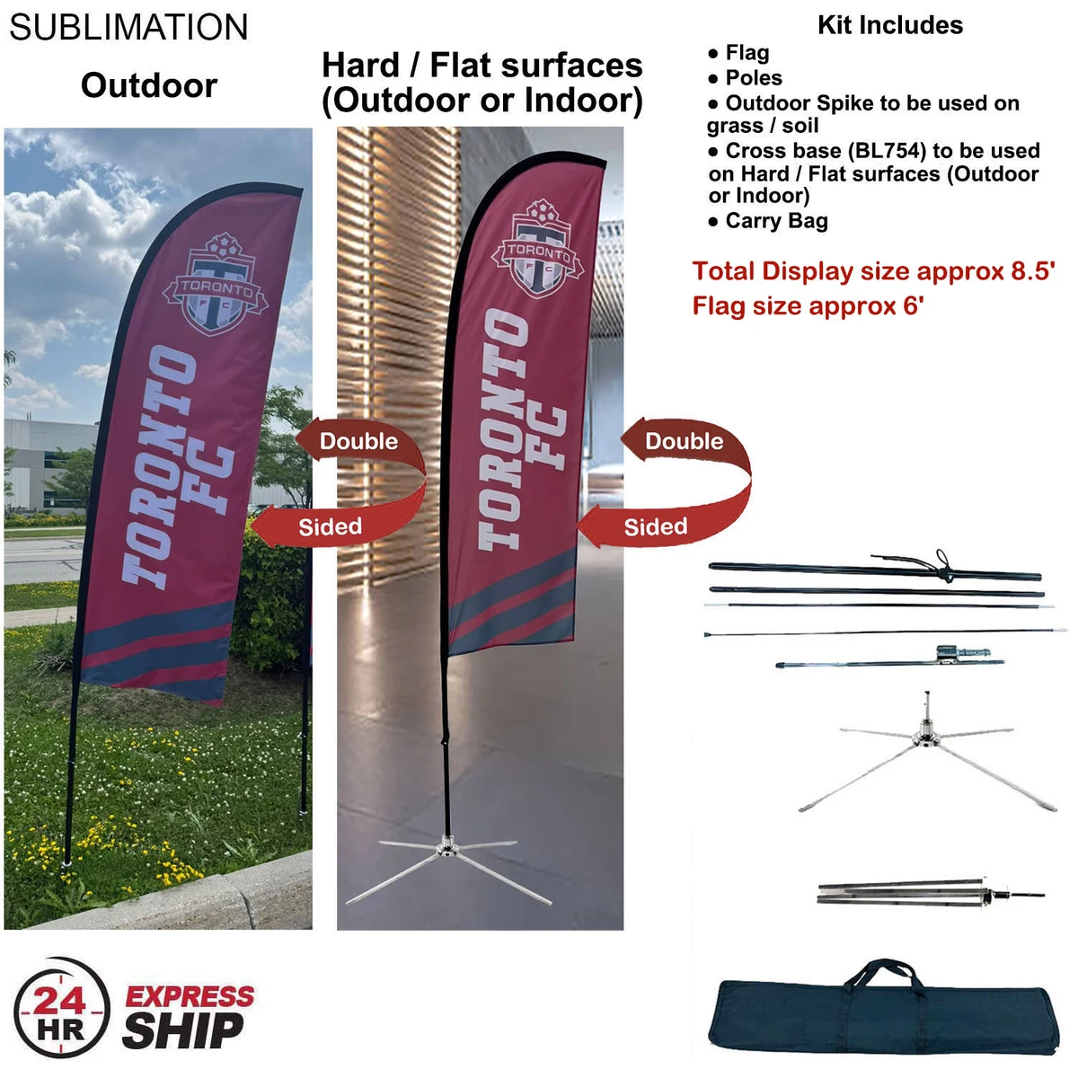 24H Express Ship- 8.5' X-Small Feather Flag Kit, Full Color Graphic 2 Side, Outdoor and Indoor bases 1