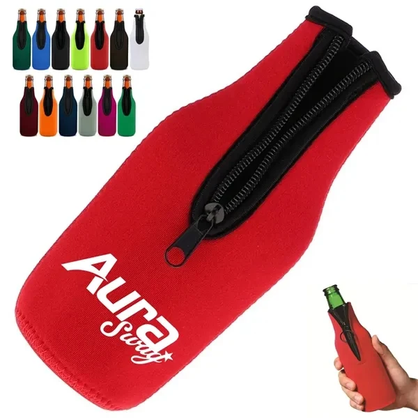 Custom 11 oz Neoprene Bottle Cooler with Zipper — Beverage Marketing Giveaway, custom koozie with logo imprint 1