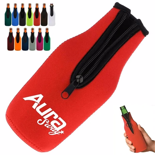 Custom 11 oz Neoprene Bottle Cooler with Zipper — Beverage Marketing Giveaway