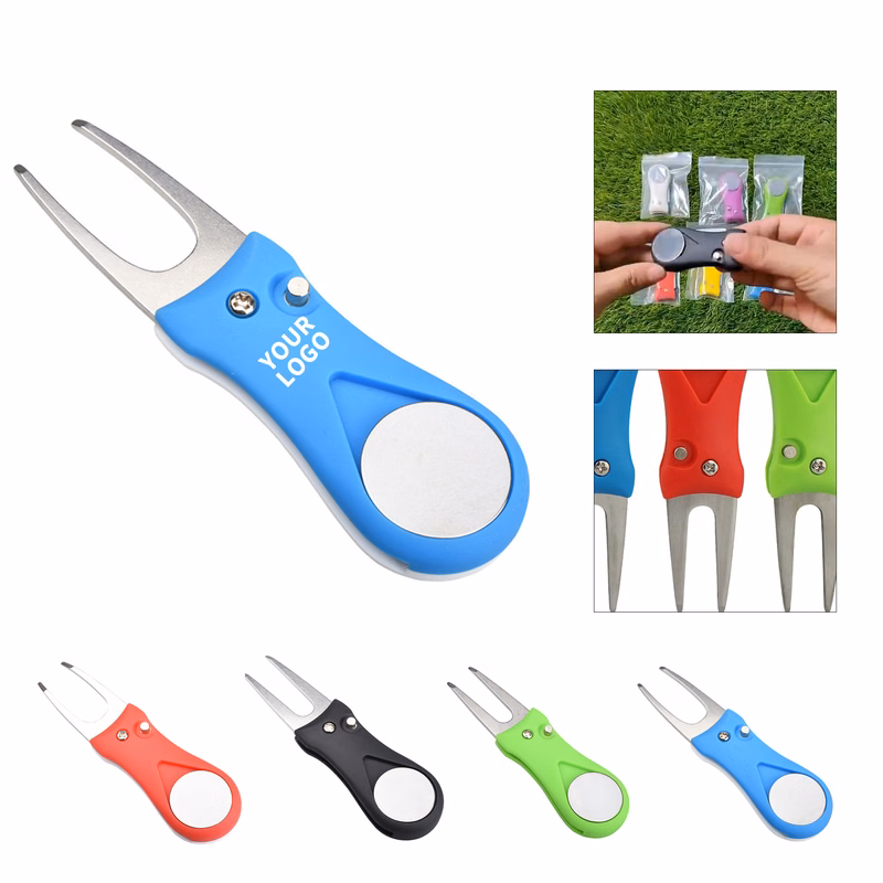 Foldable Golf Divot Tool With Plastic Handle Steel Fork 4.3" X 1"