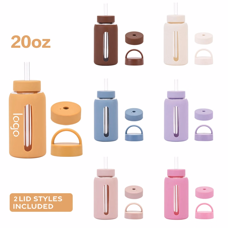 20oz Silicone-Sleeved Glass Tumbler with Straw & Dual Lids