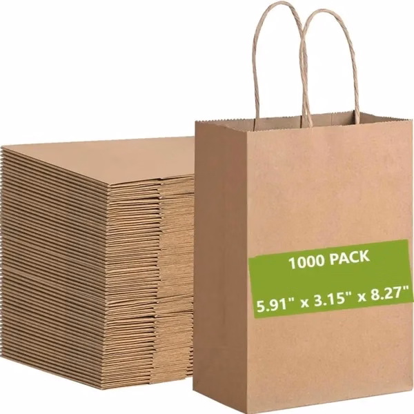 1000PCS, 5.91" x 3.15" x 8.27" Brown Kraft Bag With Handles for Work, School and Travel