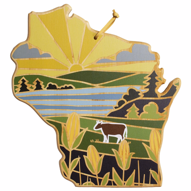 Wisconsin State Shaped Cutting and Serving Board with Artwork by Summer Stokes