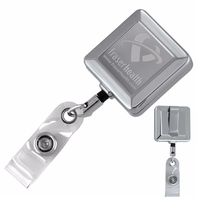 32" Cord Square Chrome Solid Metal Retractable Badge Reel and Badge Holder with Laser Imprint