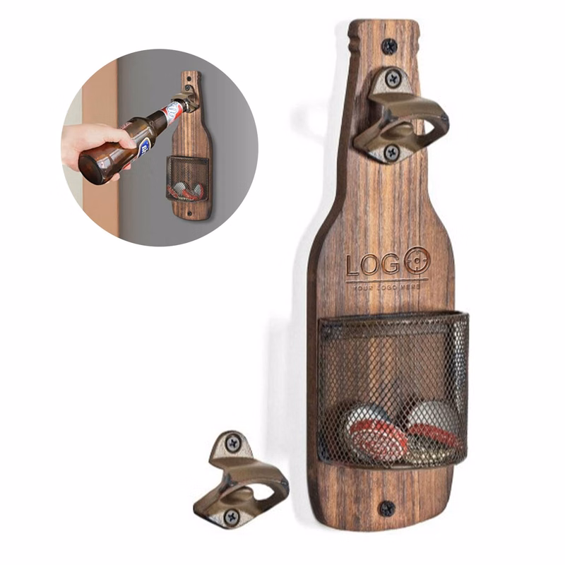 Wooden Wall Mount Bottle Opener with Cap Storage Basket