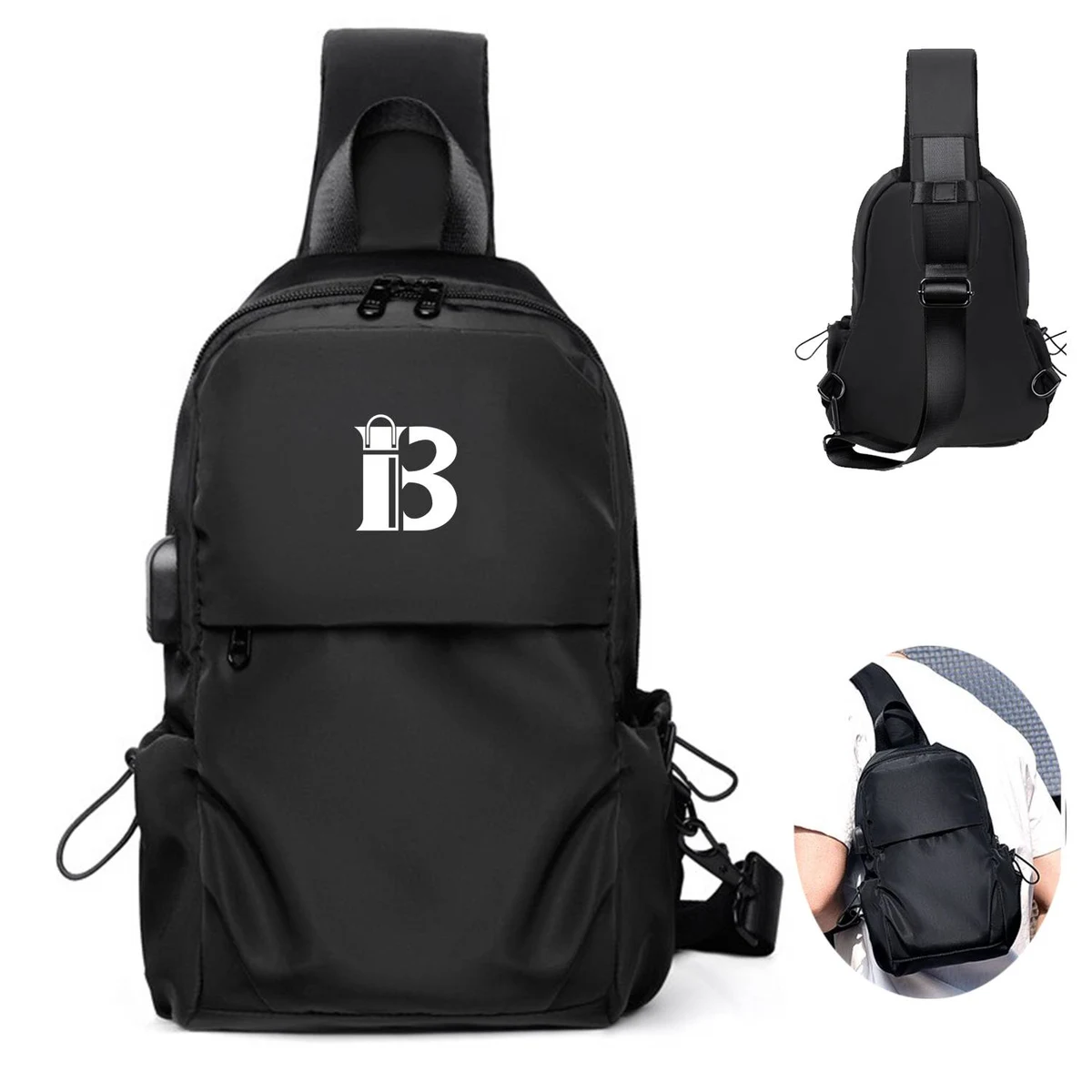 Nylon Small Black Sling Crossbody Bag With USB Charging Port 1