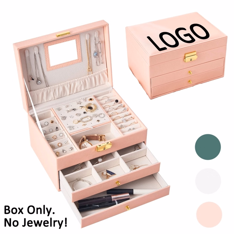 Custom 3-Layer PU Jewelry Organizer Box with Drawer & Mirror