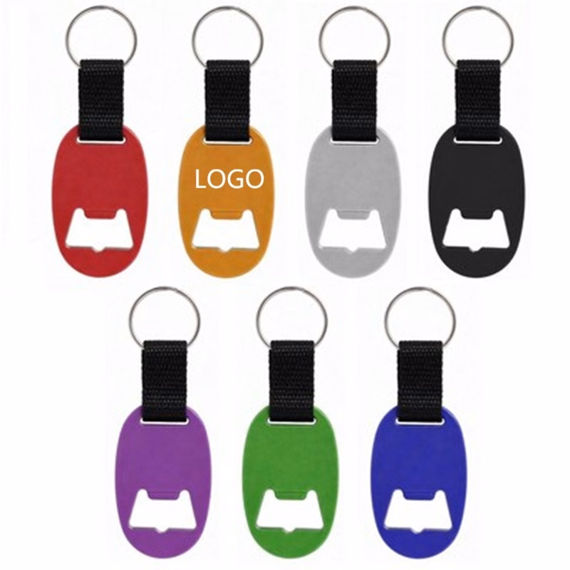 Oval Shaped Bottle Opener Keychain W/ Strap