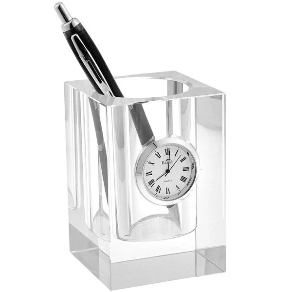 Square Crystal Glass Pen Holder with Clock 1