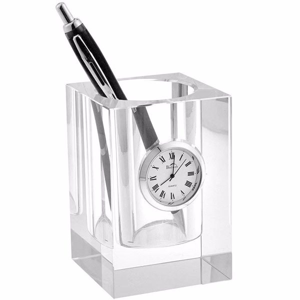 Square Crystal Glass Pen Holder with Clock