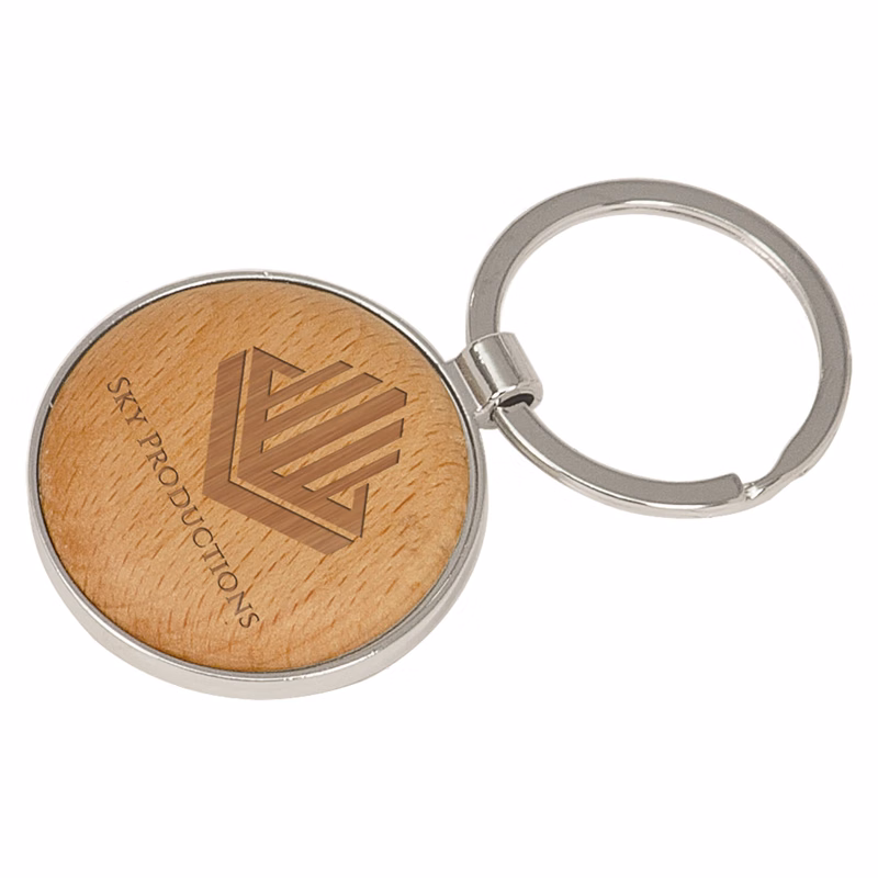 1 5/8" Wood/Silver Round Keychain