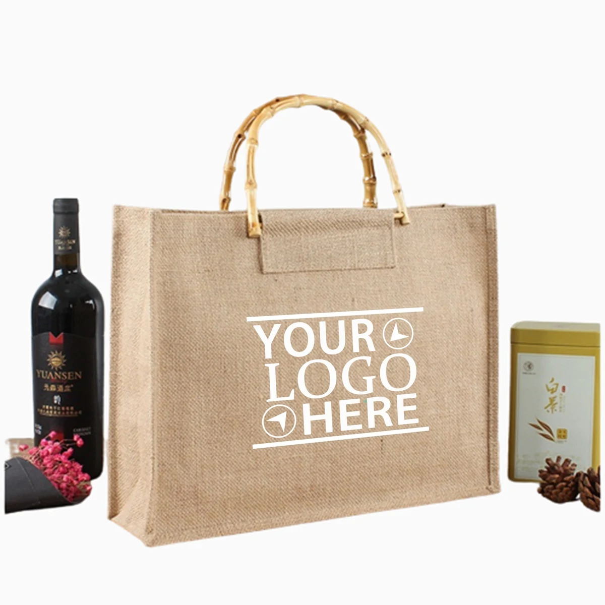 Burlap Tote Bag With Bamboo Handle 1