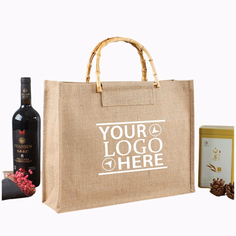 Burlap Tote Bag With Bamboo Handle