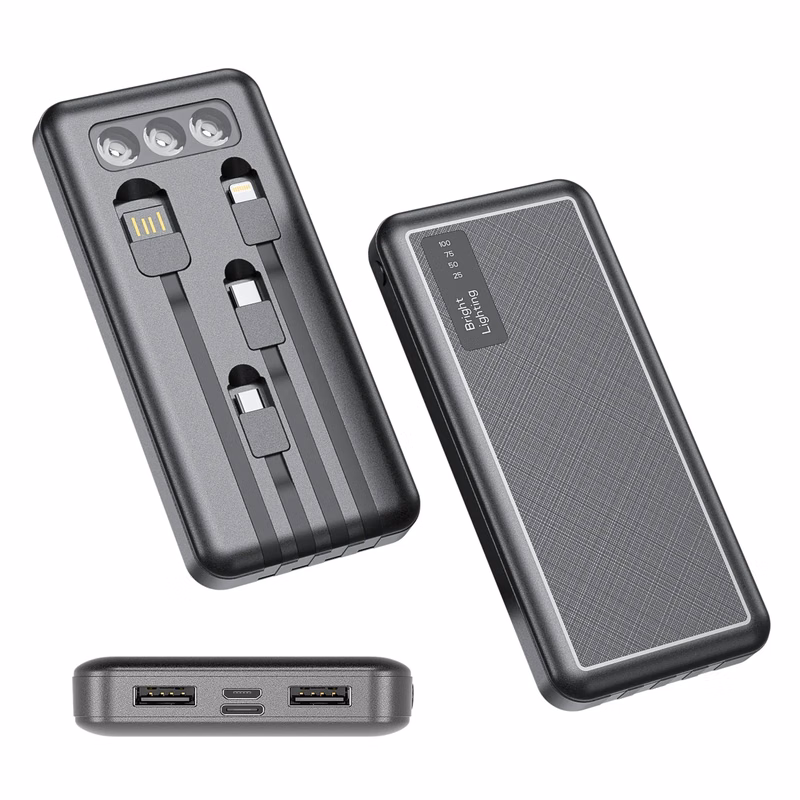 10000 mAh Power Bank 4 in 1 Built in Cables with LED Light