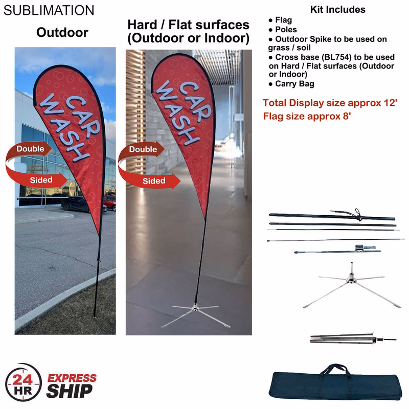 24H Express Ship-12' Medium Tear Drop Flag Kit Full Color Graphic Double Side, Outdoor & Indoor base