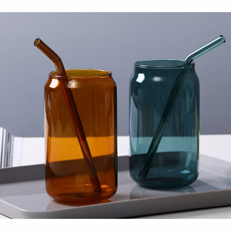 Colored Glass Can with Straw
