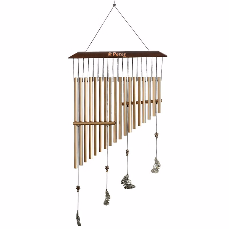 Wooden Frame Aluminum Tube Wind Chime W/ Butterfly Decor