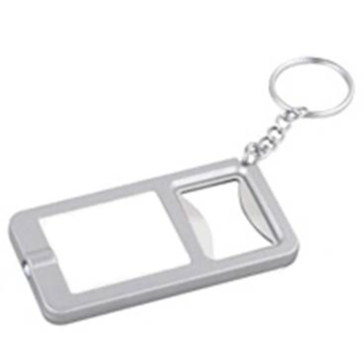 Silver/White Bottle Cap Opener with Key Chain attached. 1