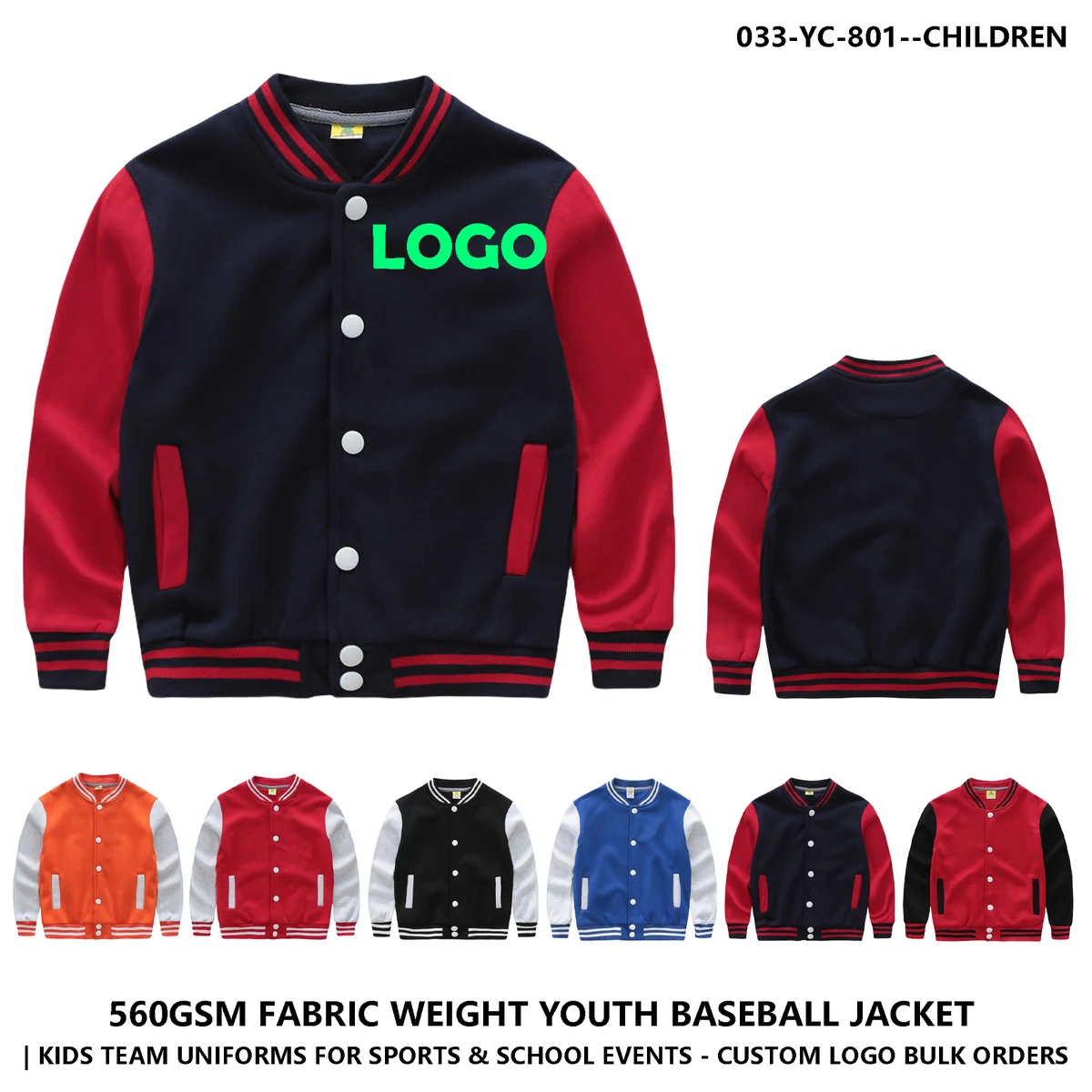 Kids Custom Logo Button Baseball Jacket ?C Color Block 1