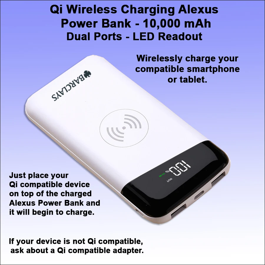 Qi Wireless Charging Alexus Power Bank 10000 mAh- White 1