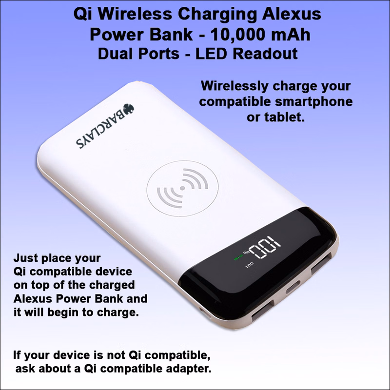 Qi Wireless Charging Alexus Power Bank 10000 mAh- White