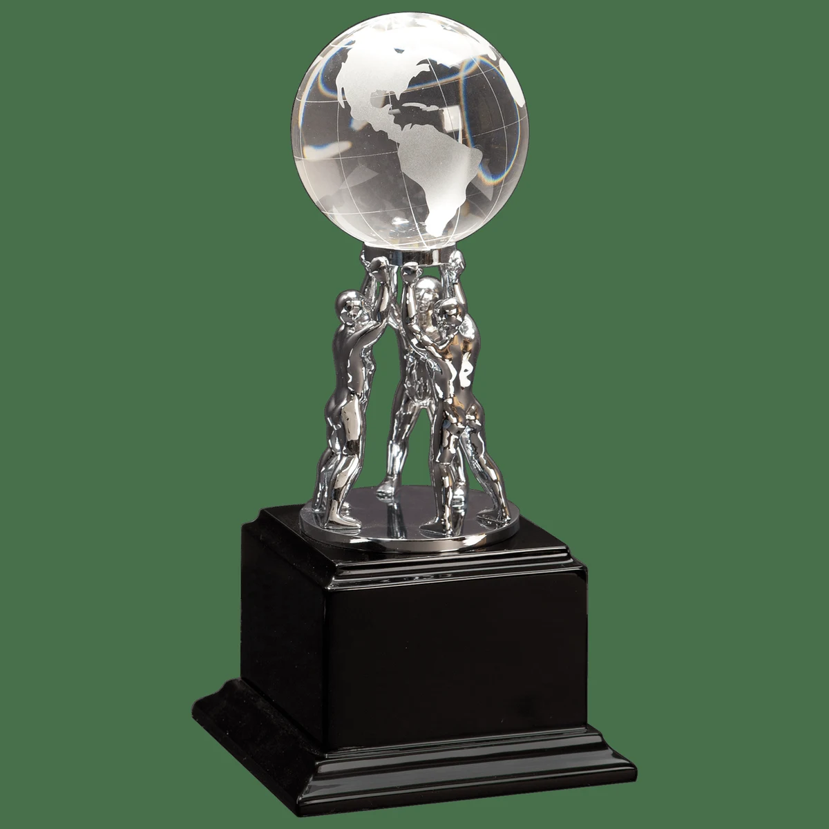 10" Clear Crystal Globe with Silver Men/Stand on Black Piano Finish Base 1