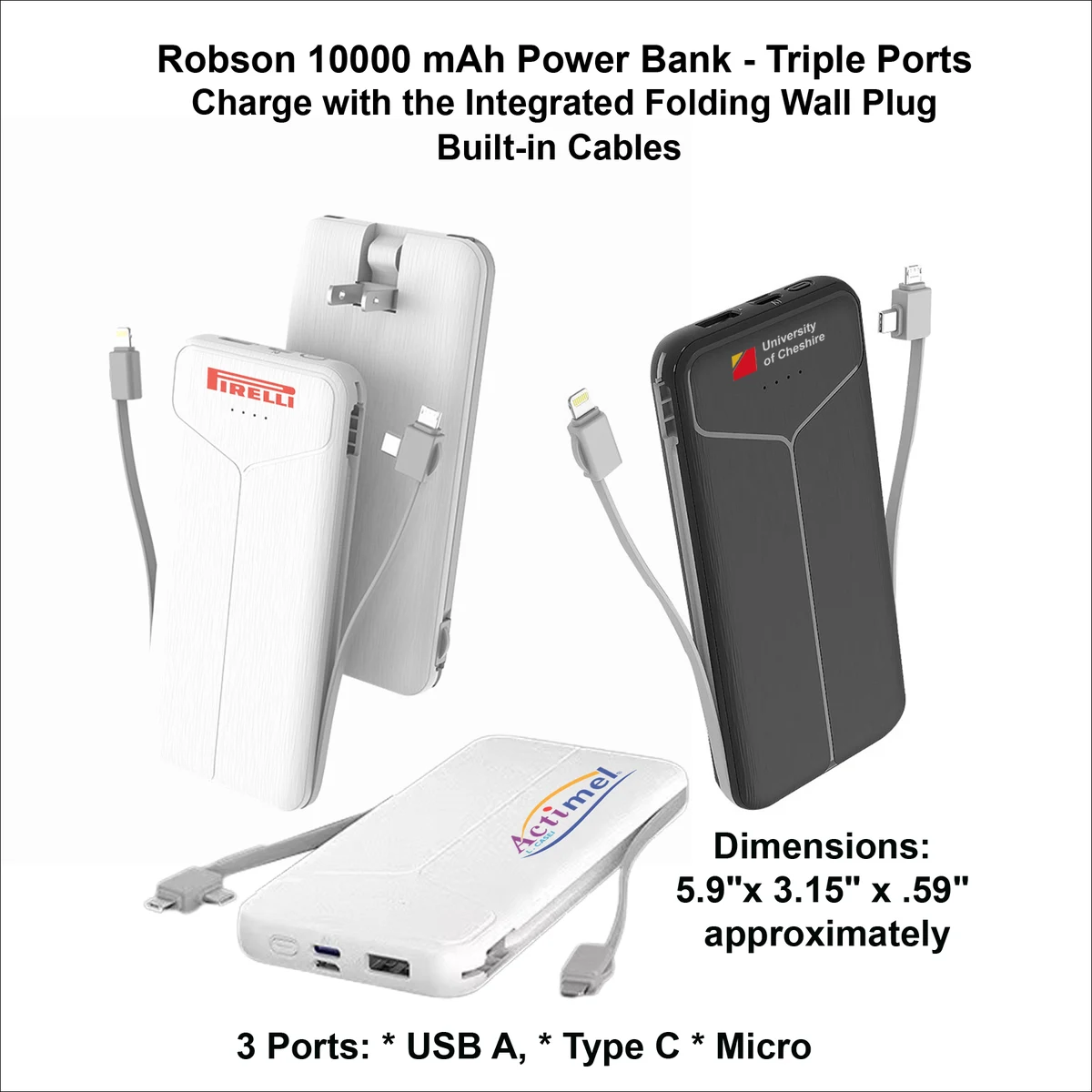Robson 10000 mAh Power Bank - Triple Ports, Integrated Wall Plug, Built in Cables 1
