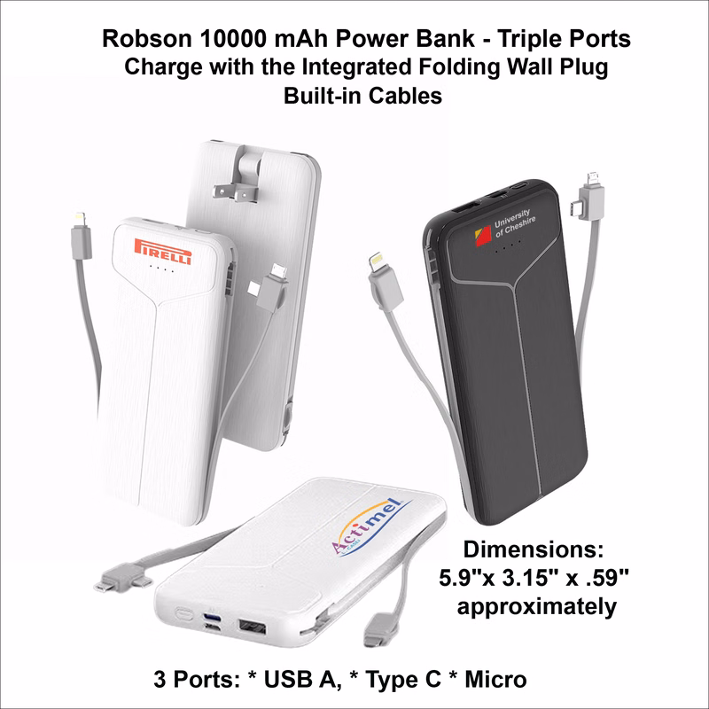 Robson 10000 mAh Power Bank - Triple Ports, Integrated Wall Plug, Built in Cables