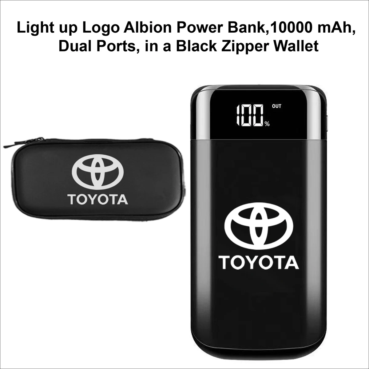 Light Up Logo Power Bank, Albion 10000 mAh, Dual Portin a black zipper wallet. 1